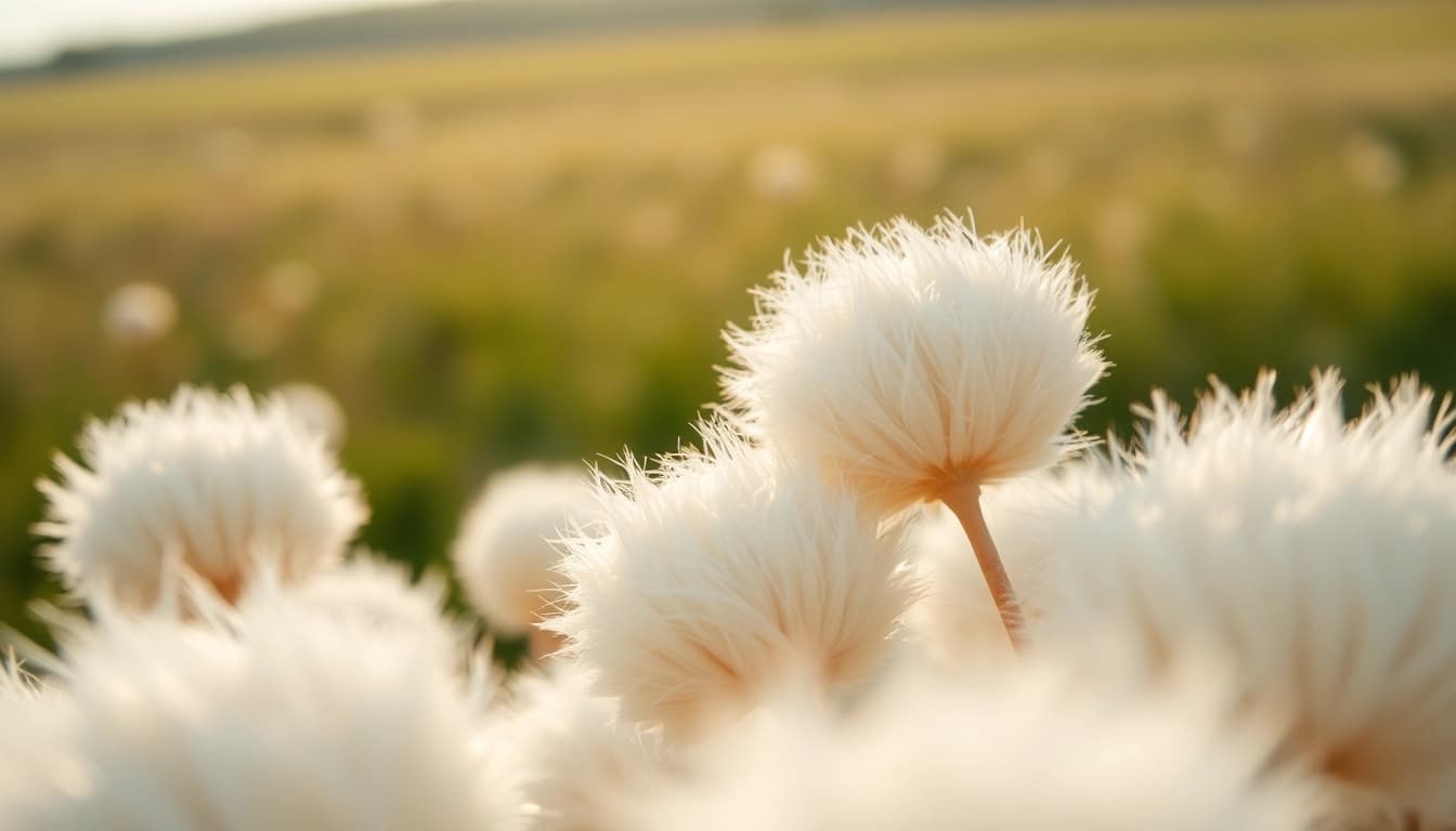 Katoen bollen in een natuurlijke omgeving, met focus op de zachte textuur en delicate vezels.