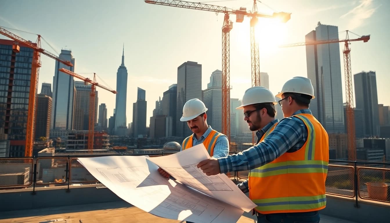 New York City General Contractor overseeing a busy construction site with skyscrapers in the background.
