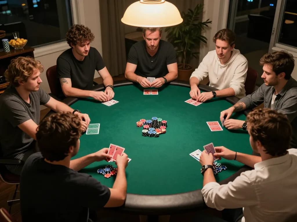 Friends enjoy a lively poker night at home, strategizing while playing qq88 for a competitive edge.