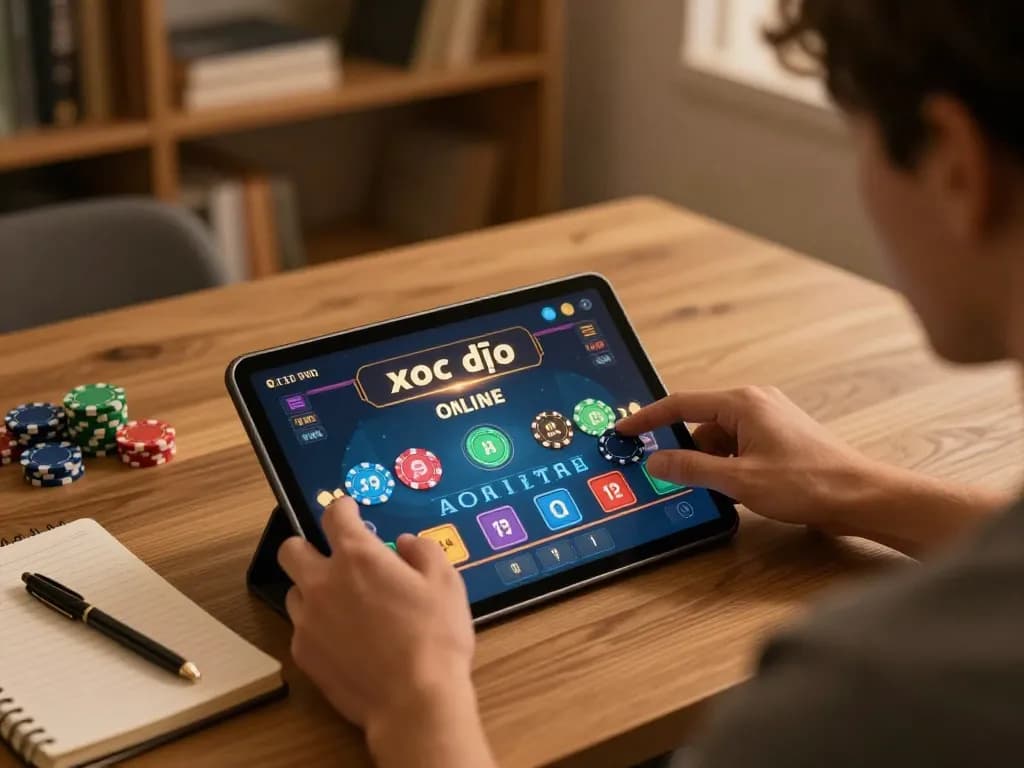 Xóc đĩa online gameplay on a tablet showcasing betting strategy and engaging atmosphere.