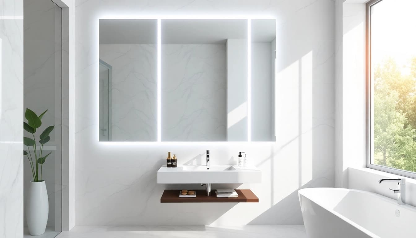 Admire the sleek design of a led mirror bathroom with soft LED lighting enhancing the elegant setting.