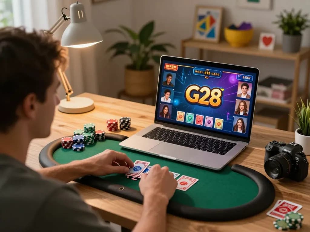 Engaging in a dynamic poker game using the G28 online platform in a modern home with inviting ambiance