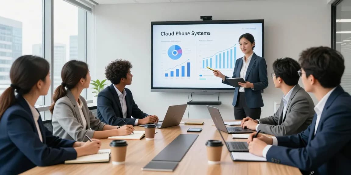 Team discussing cloud phone systems for small business in a bright office.