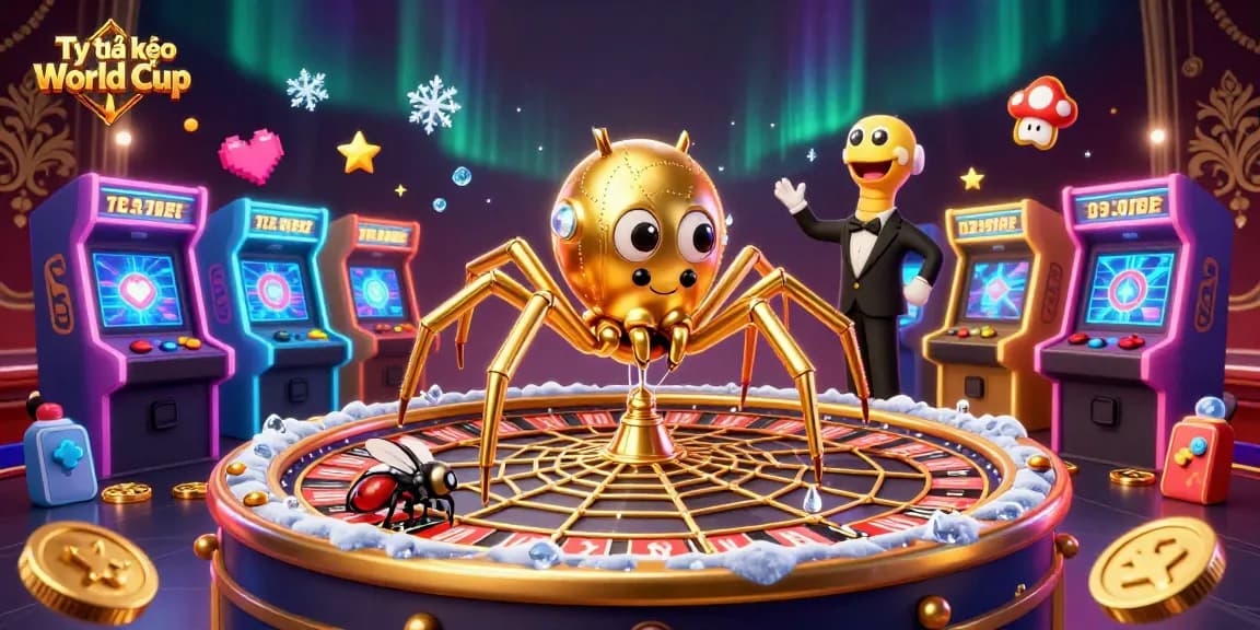 Tỷ lệ kèo World Cup illustrated with a golden spider and a fly placing bets in a dynamic casino scene