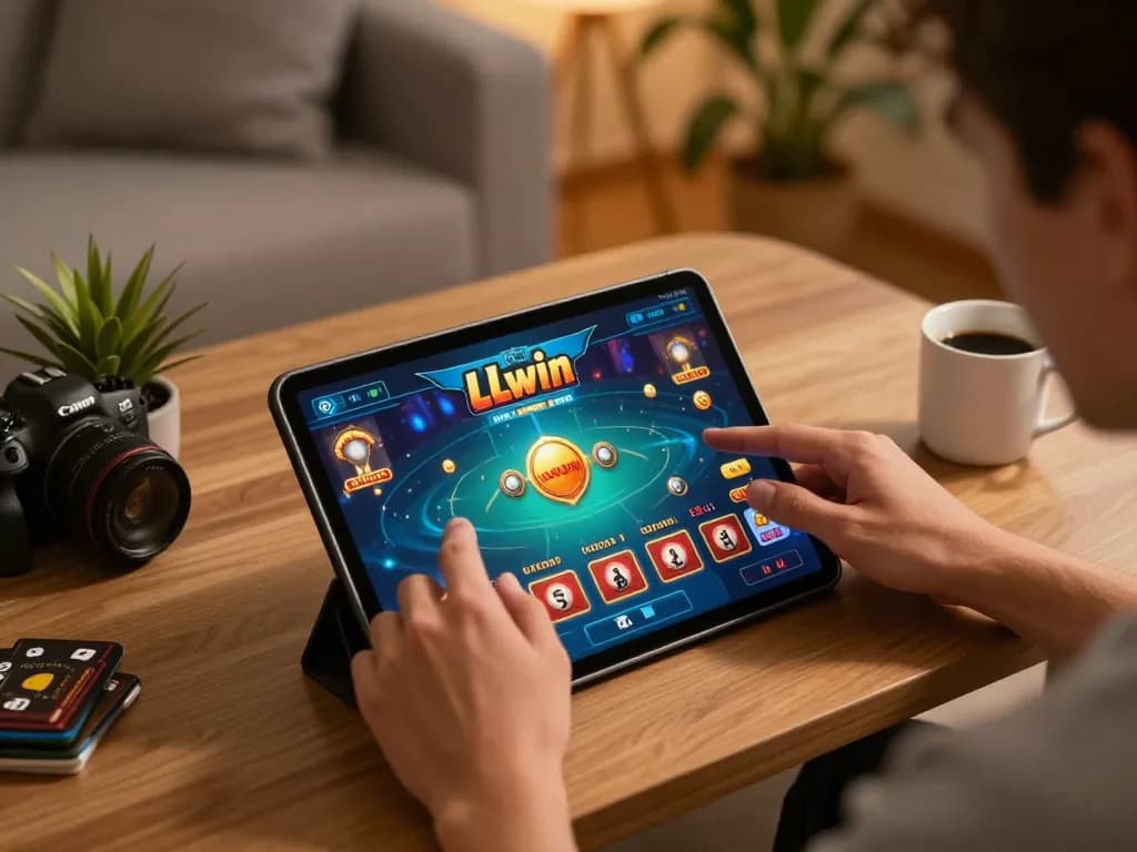 Player engaging with LLwin casino app on tablet, experiencing interactive online gaming atmosphere.