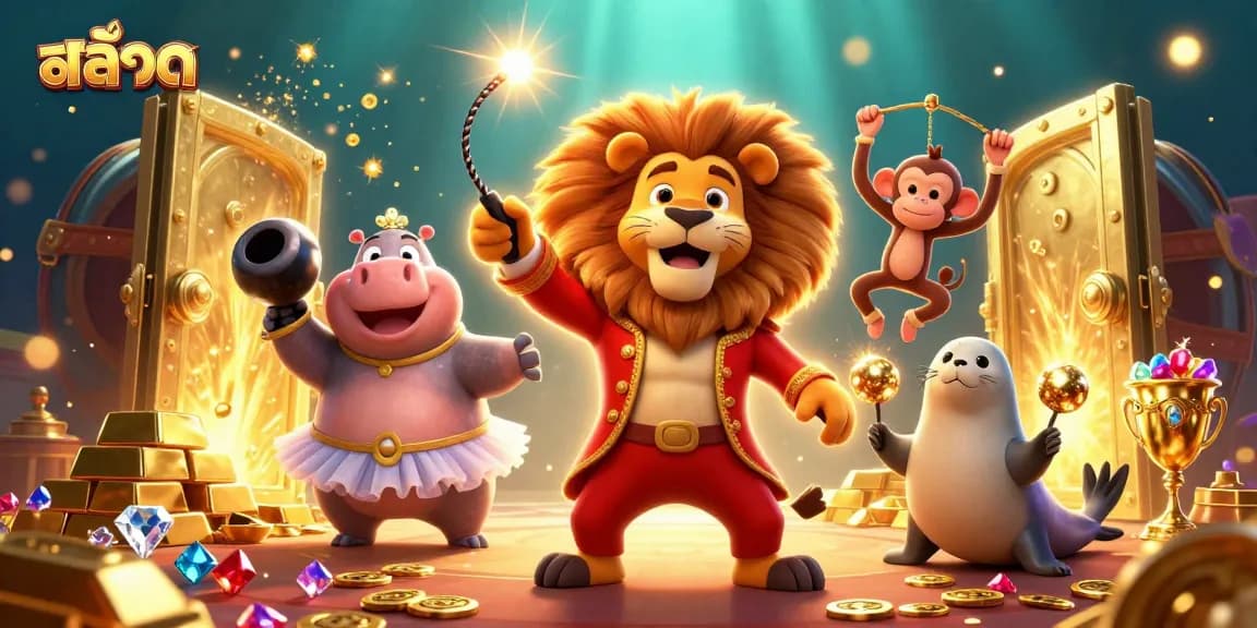Spin สล็อต reels with vibrant 3D circus characters surrounding dazzling casino treasures.