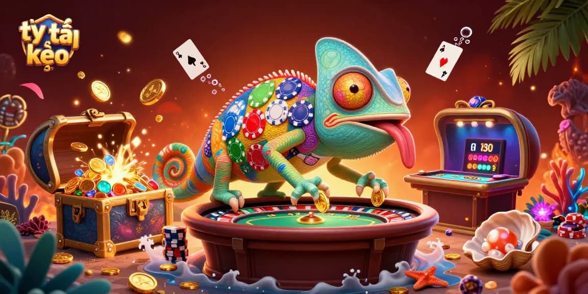 Experience the vibrant scene of tỷ lệ kèo casino betting with a colorful chameleon and dynamic game elements.