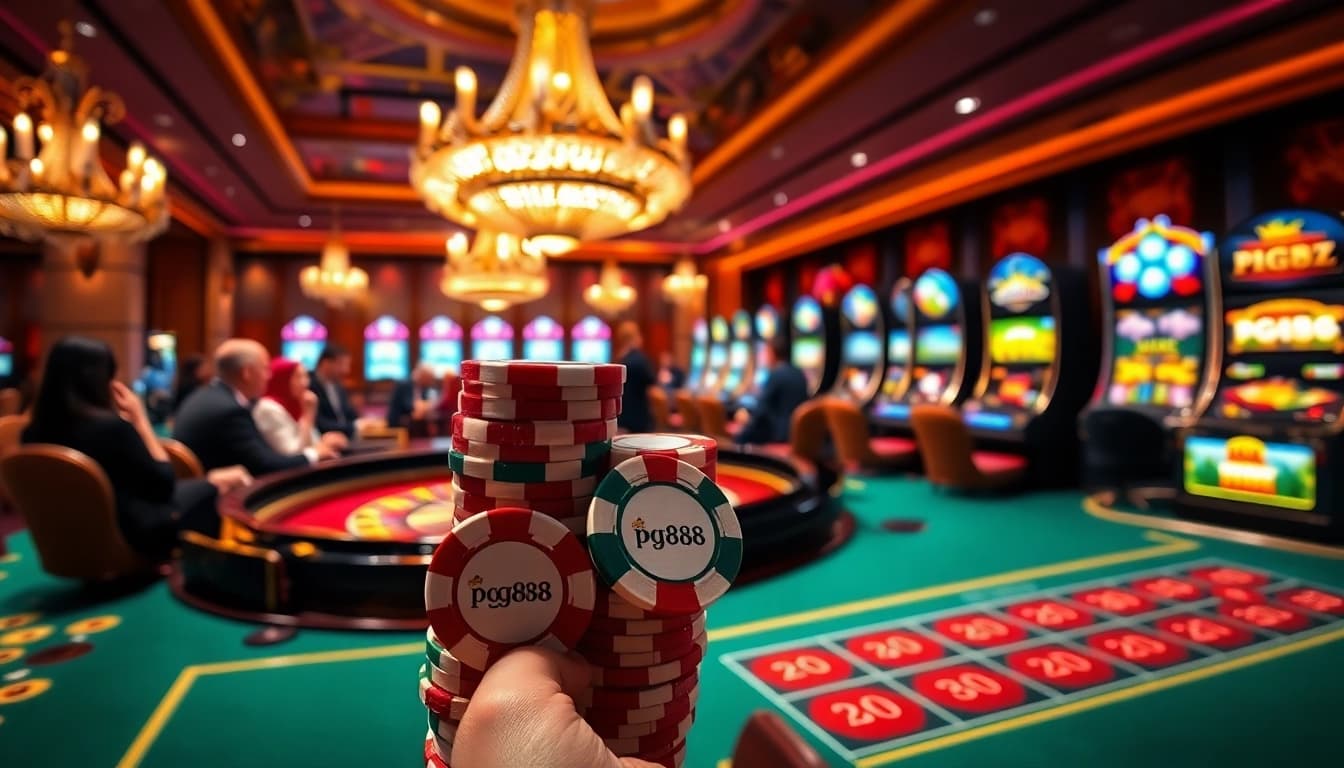 Excited players engaging at a roulette table in a vibrant casino environment featuring pg88-themed poker chips.