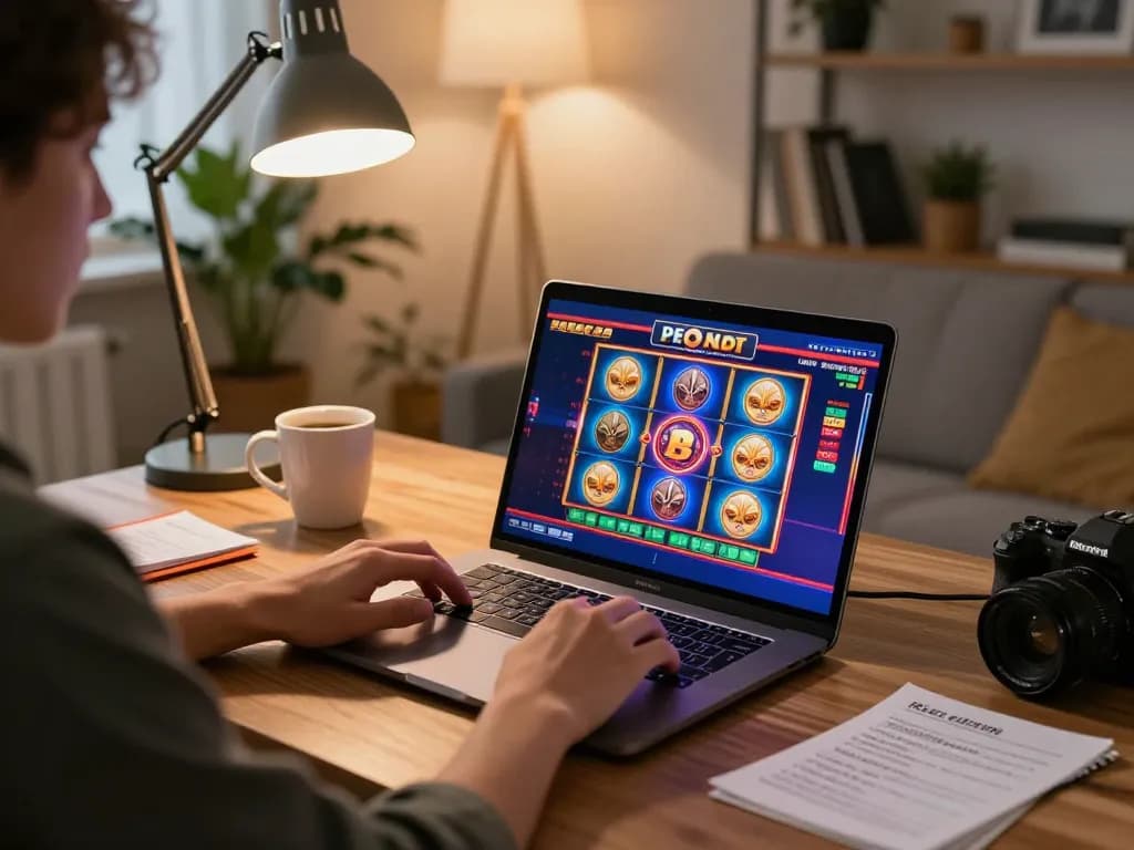 Bomwin user enjoying an online casino experience with engaging slot games on a laptop in a cozy setting.