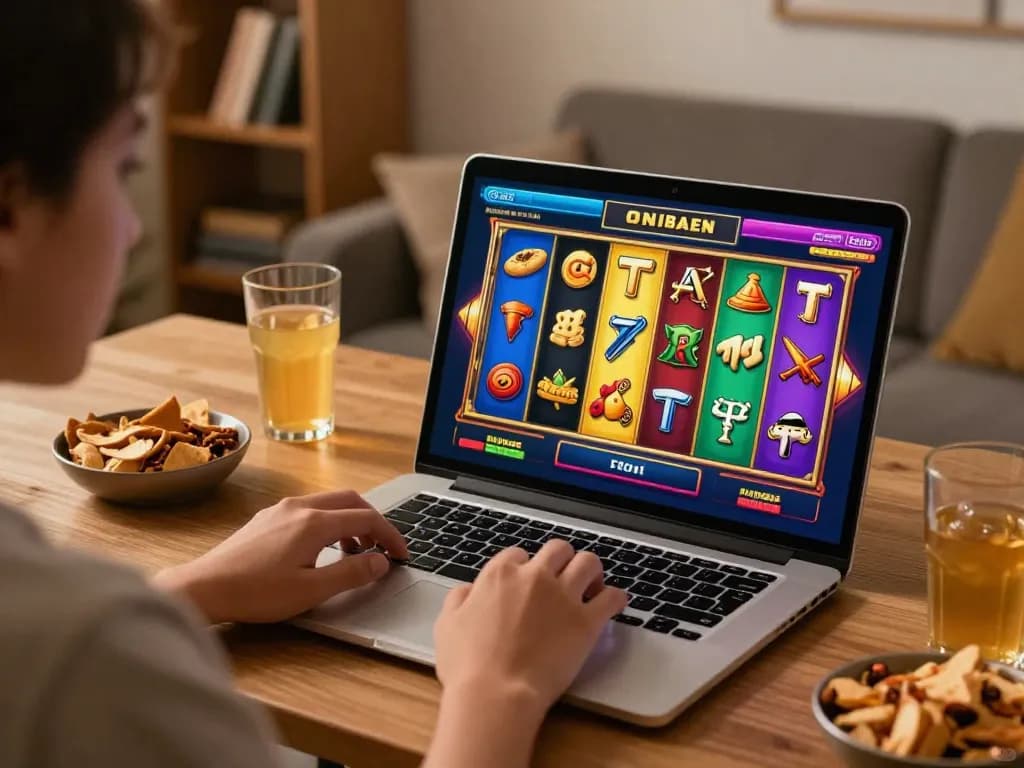 situs slot action in a cozy home gaming setup with player on laptop during slot game