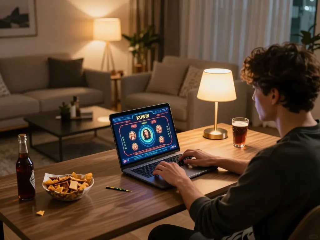 Kuwin user engaging in online casino gaming at home with a laptop, showcasing a cozy and strategic environment.