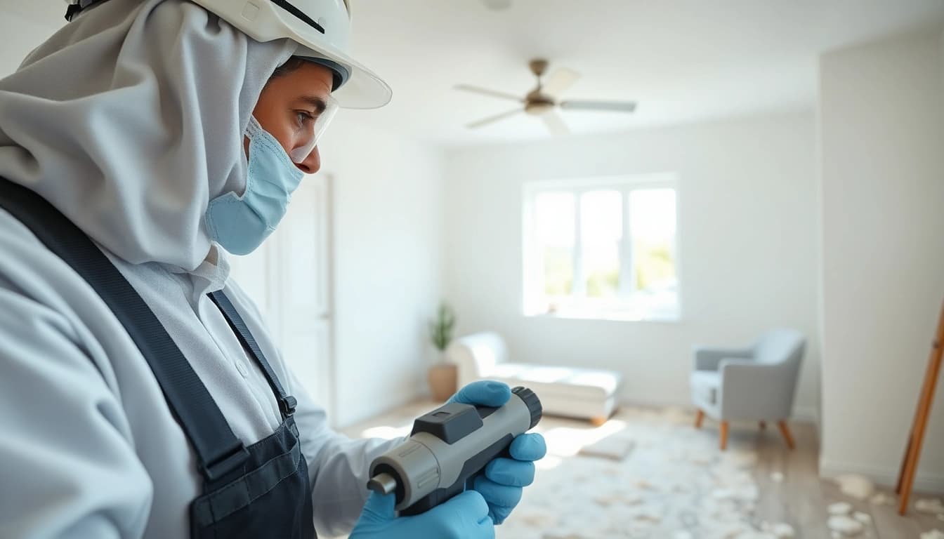 Spray foam removal UK process with a technician demonstrating safe techniques in a bright room.