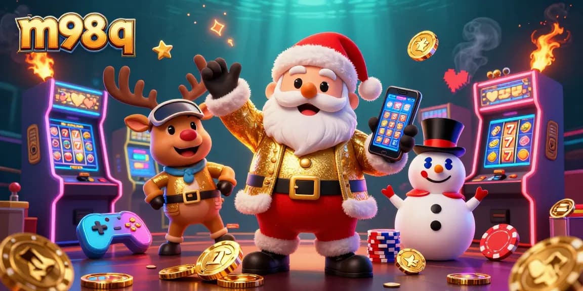 Experience the thrill of m98 q with Santa's jackpot slots, surrounded by vibrant casino elements.