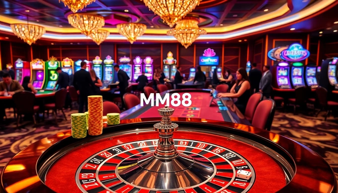 Experience the excitement of MM88 with players engaged at a luxury roulette table and vibrant slot machines.