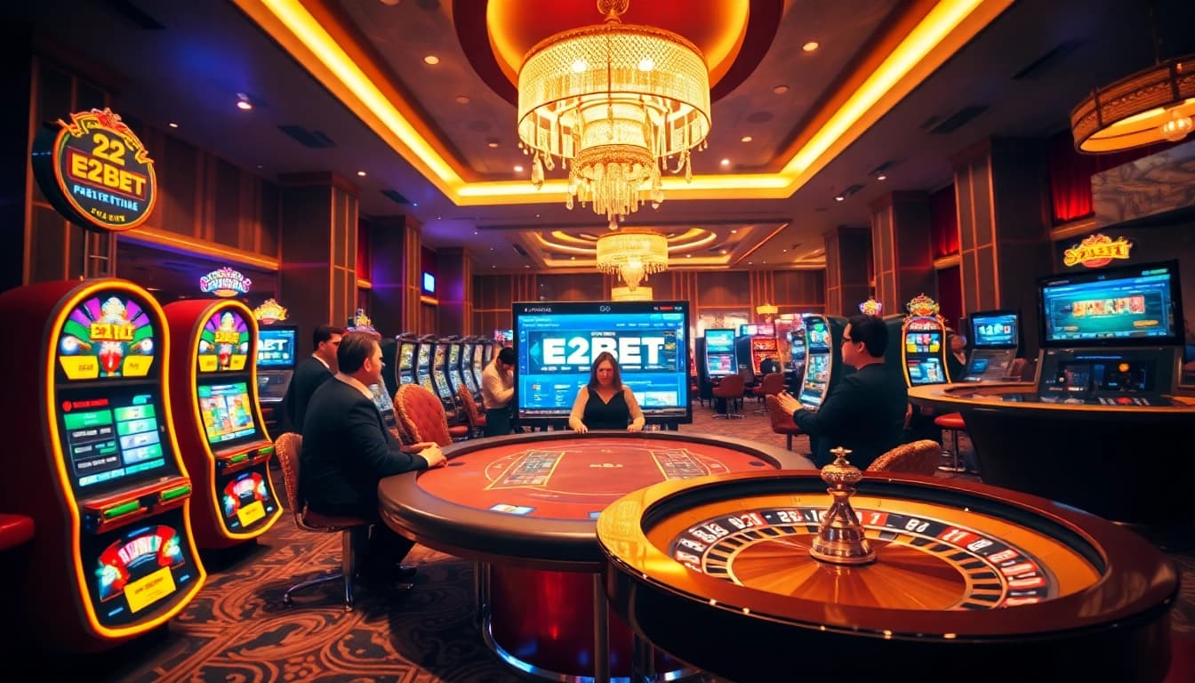 Experience the excitement of e2bet bet at a luxurious casino filled with poker tables and vibrant slot machines.