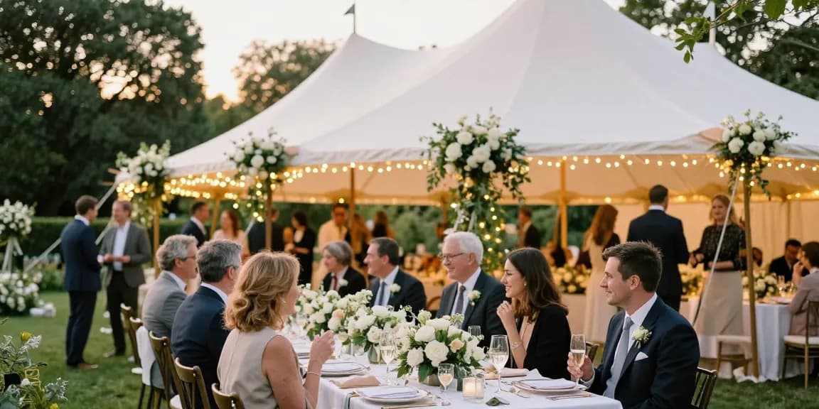 Marquee hire London for elegant outdoor wedding setup with decorative stretch tent and floral arrangements.