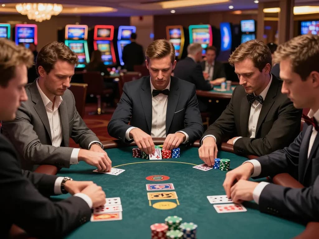 Engaging moment at LINK TR88 poker game showcasing players with chips and cards in upscale casino.