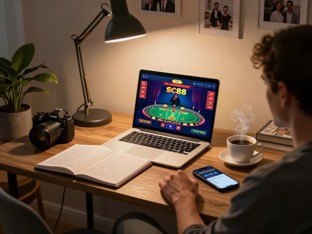 Player engaging with SC88 online casino app during cozy gaming session at home
