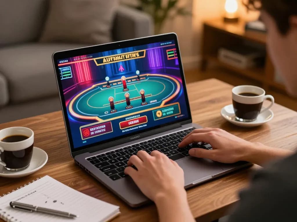 Engaging moment of MB88 online gaming setup with laptop, colorful gameplay on screen.