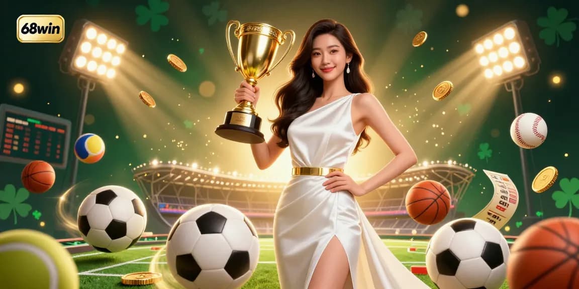 Engage with the exciting world of gambling at 68win, showcasing a triumphant Asian woman in a casino scene filled with sports and betting elements.