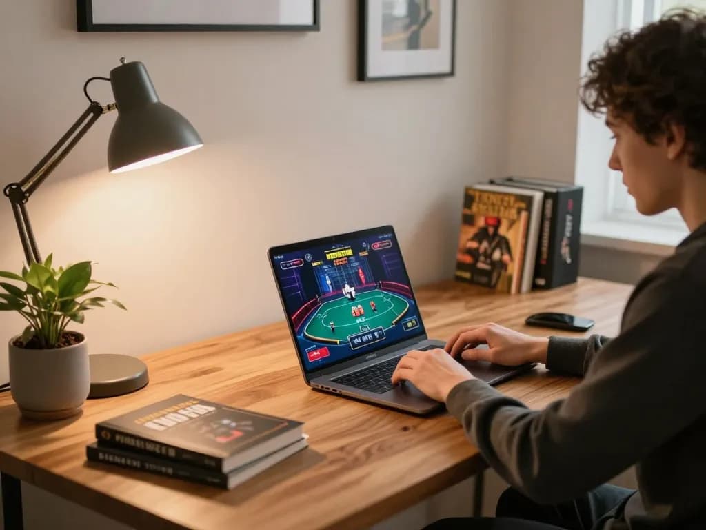 Player engages with TR88 poker game on a laptop in a stylish home office setting