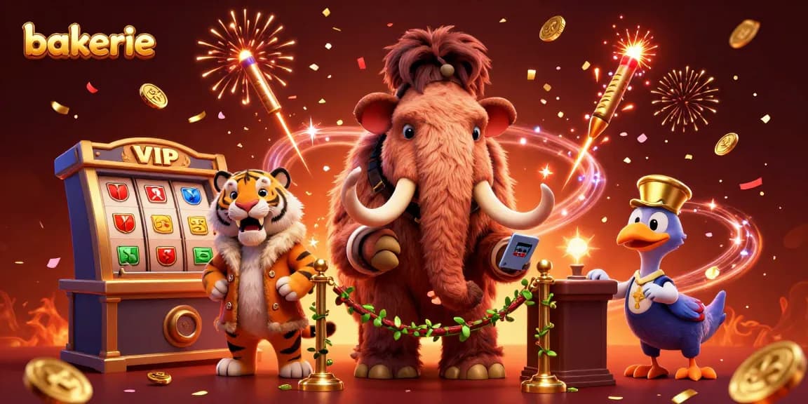 Experience the vibrant action at Bakerie with a colorful 3D casino scene featuring unique characters.