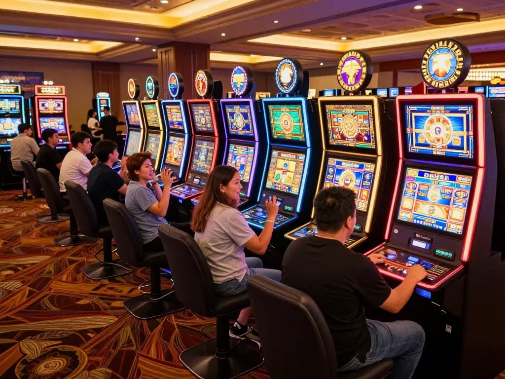 Players enjoying exciting gameplay on Lucky88 slot machines in a vibrant casino atmosphere.