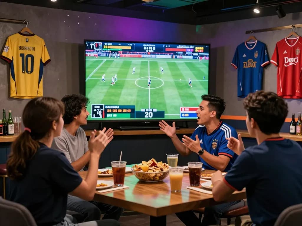 Football fans engaging with live scores and analysis on Nowgoal in a vibrant sports lounge.