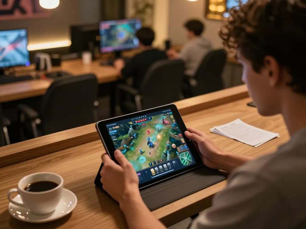 Engaging in game bài with tablet at cozy home gaming setup, ambient lighting enhancing focus.
