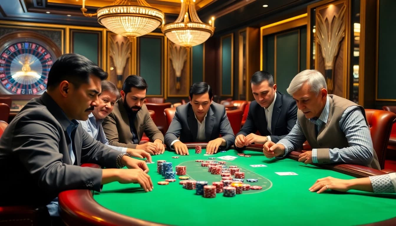 Intense poker action featuring the 399W platform amidst a luxurious casino setting.