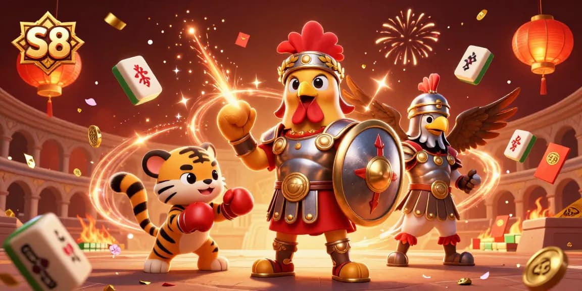 S8 casino scene with a gladiator rooster and a tiger cub amidst festive gambling elements