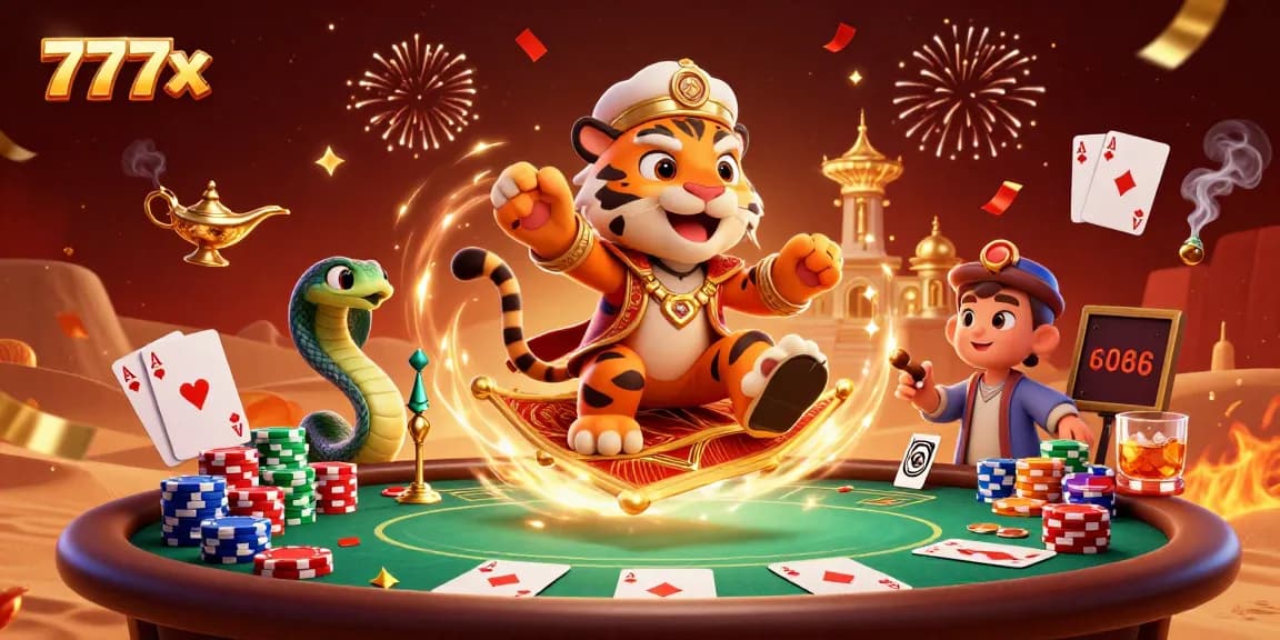 Win big with 777x in an action-packed casino scene featuring vibrant characters and colorful poker elements.