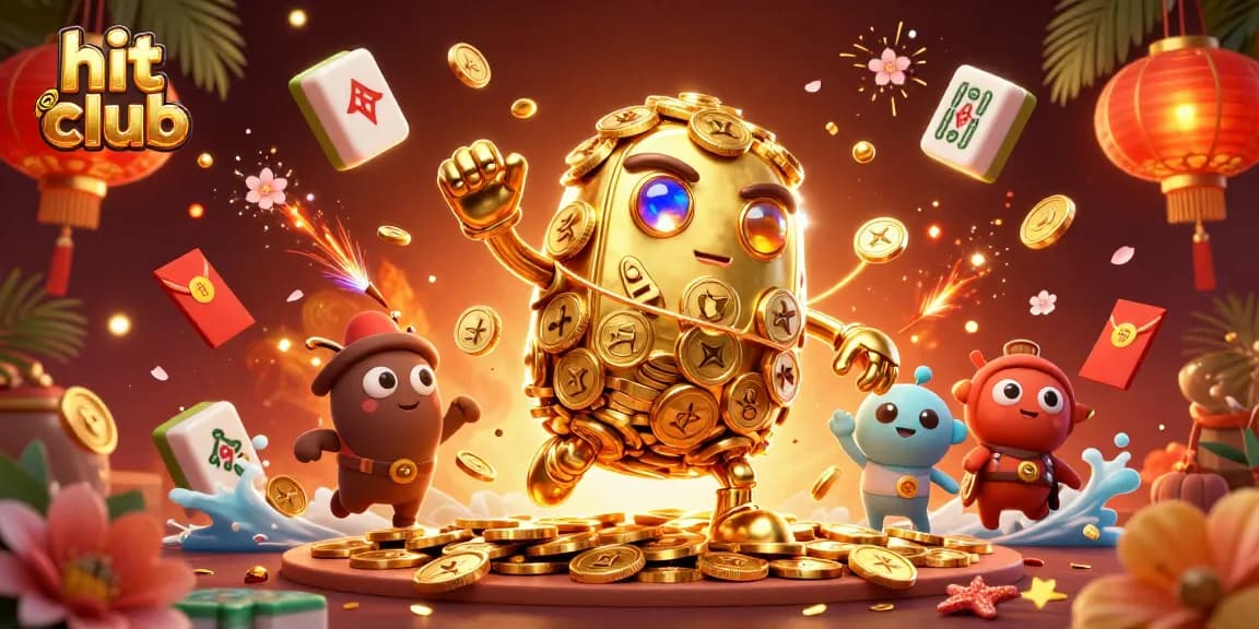 Hit club 3D golem illustration surrounded by casino elements, vibrant golden and dynamic.