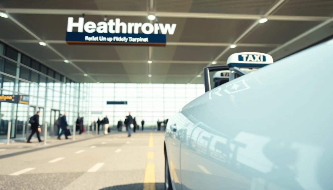Taxi ready for passengers at Heathrow Airport, featuring modern design and bright terminal backdrop.