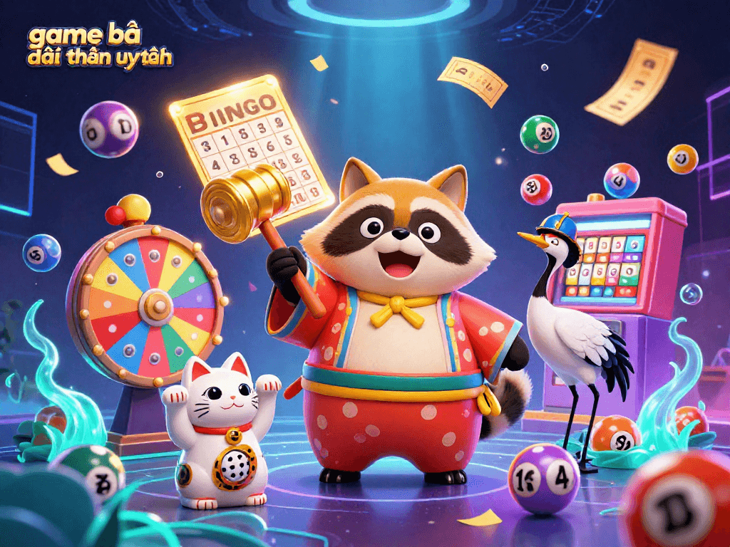 Engaging 3D illustration of game bài đổi thưởng uy tín featuring a joyful tanuki, crane, and waving fortune cats.