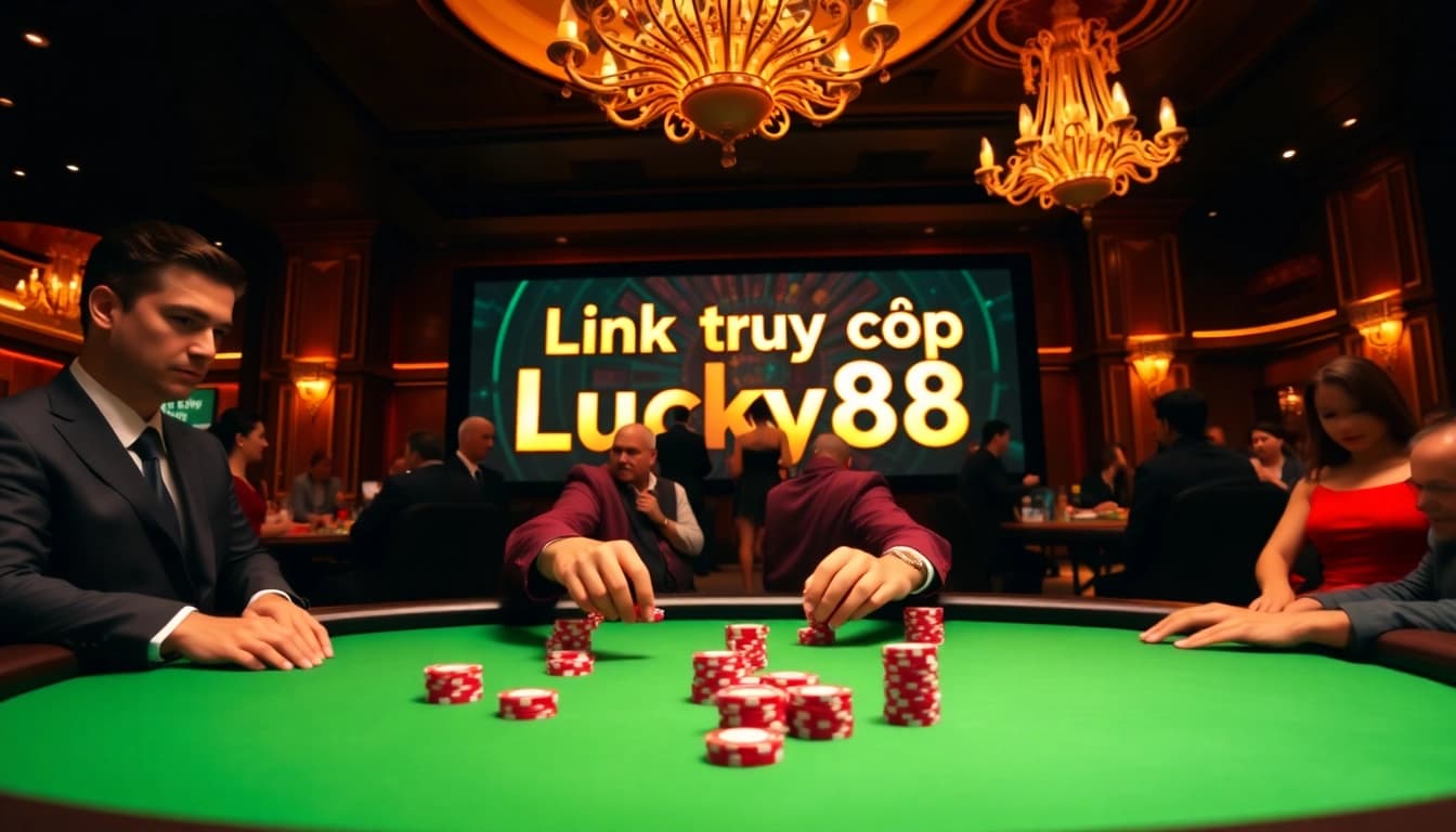 Exciting gambling scene highlighting the Link truy cập Lucky88 with a luxurious poker table setup.
