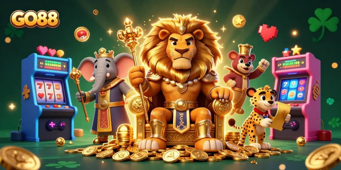 Experience thrilling wins with GO88 amidst dazzling casino elements and majestic characters.