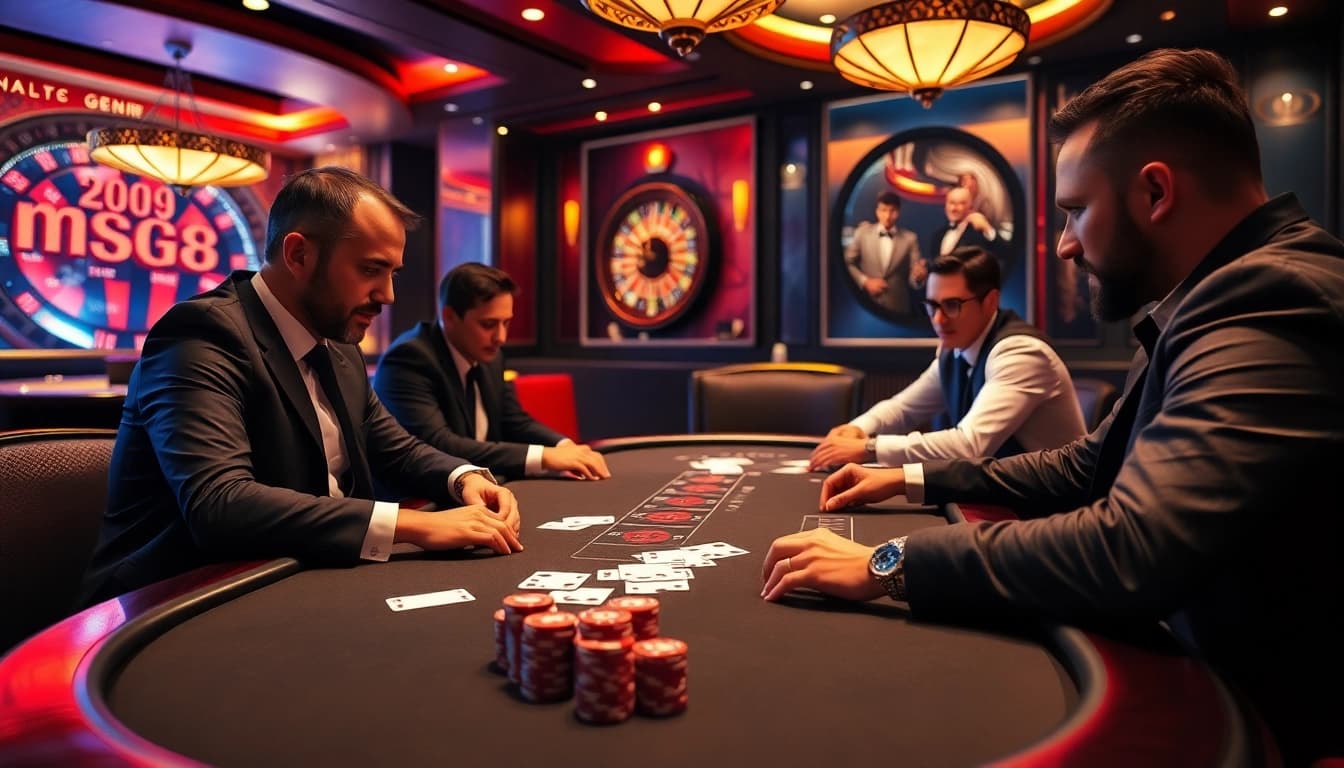 Experience high-stakes tension at a 98win poker table with vibrant casino elements.