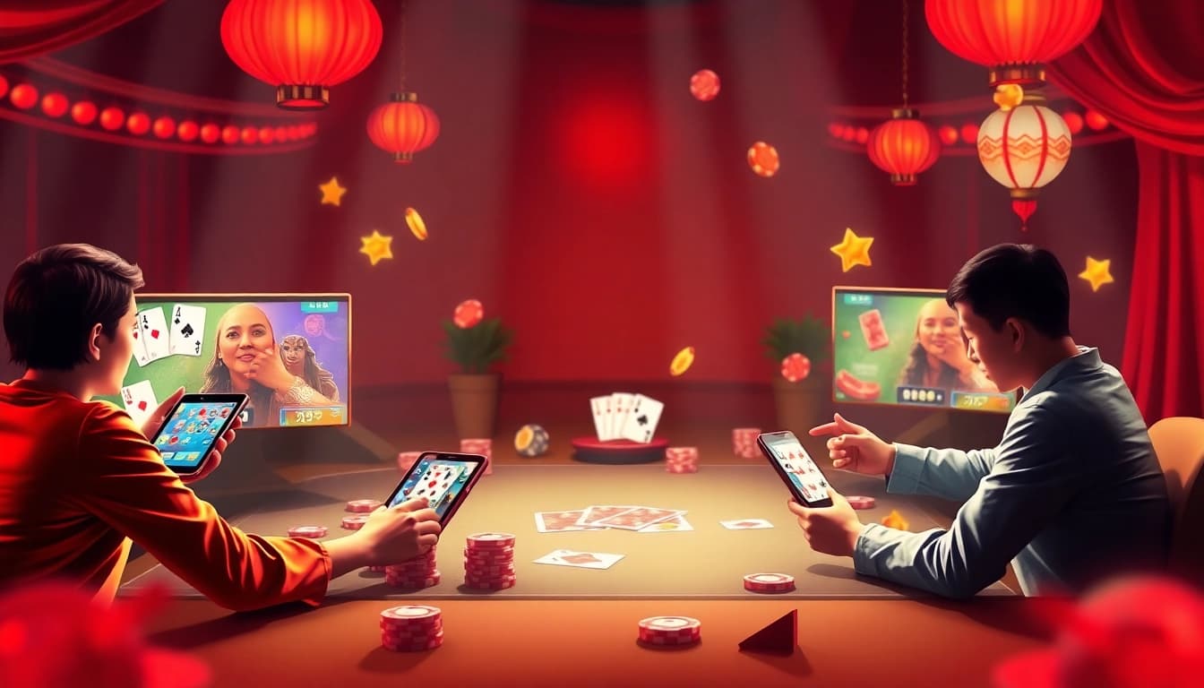 Dynamic scene of players enjoying card games at gamebaidoithuong.com.vc, capturing excitement and vibrant interactions.