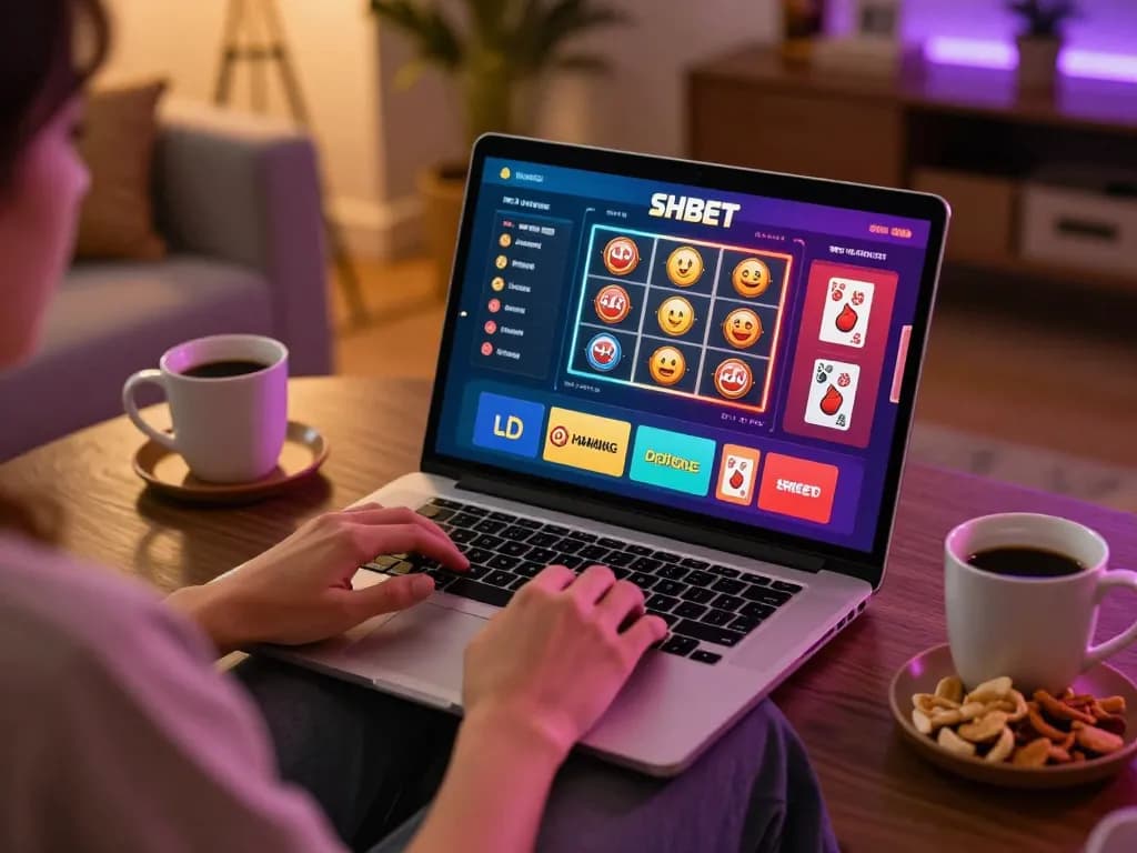 Playing fun games on SHBET .COM from a cozy home setup with snacks and warm lighting