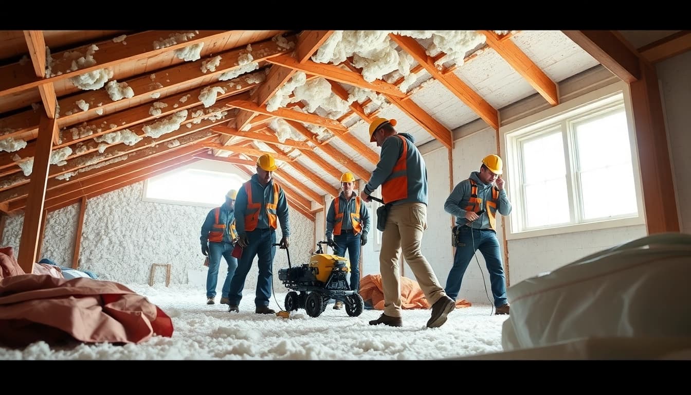 Efficient spray foam removal companies UK team safely working in an attic.