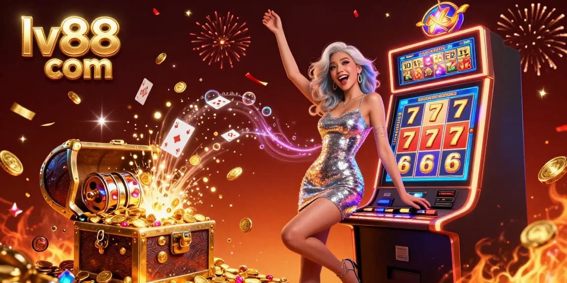 Spin and win at lv88 com with a joyful Asian woman celebrating a slot jackpot amidst vibrant casino elements.