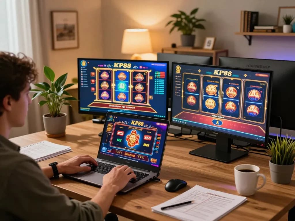 Engaging moment of user playing KP88 casino games on laptop in cozy home office setup.