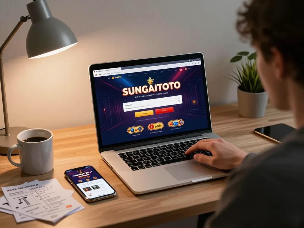 Sungaitoto login interface displayed on laptop while placing bets in a cozy home office.