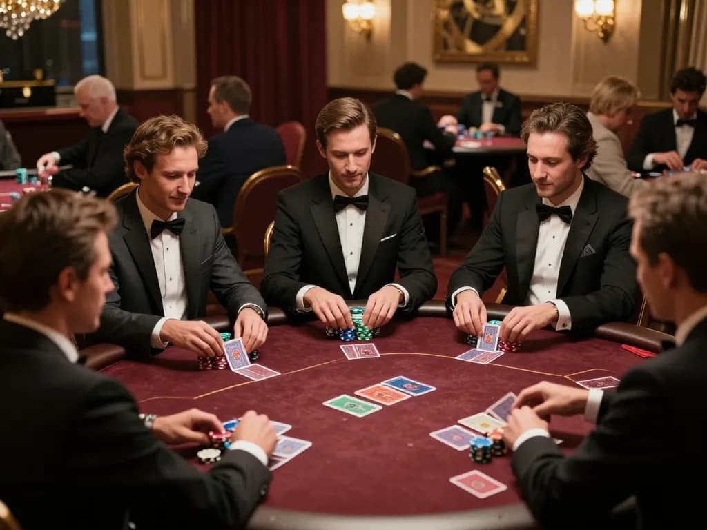 g28 players strategizing during a high-stakes poker game at an elegant casino.