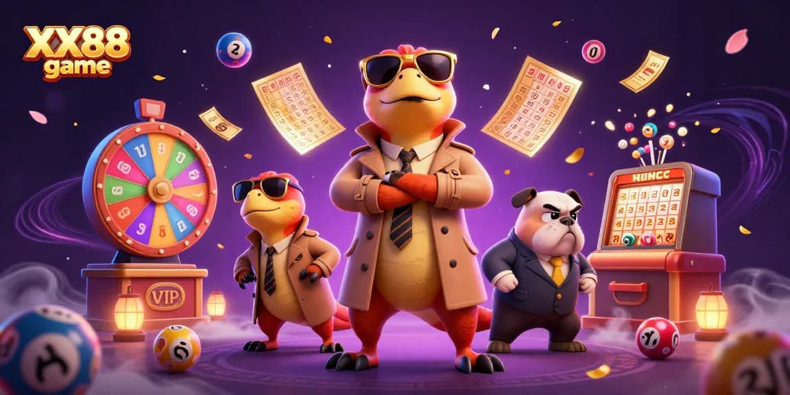 Experience the thrill of XX88 game with dynamic casino illustration featuring playful raptors and festive elements.