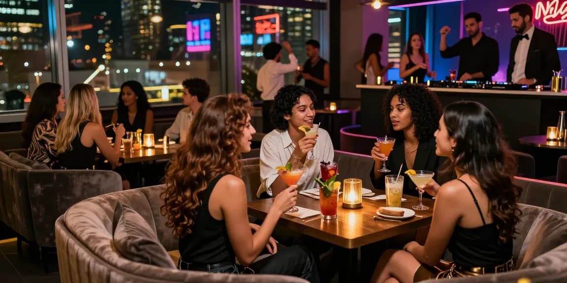 Vibrant urban nightlife scene with diverse friends enjoying cocktails in a lively bar, capturing nsfw social interactions.