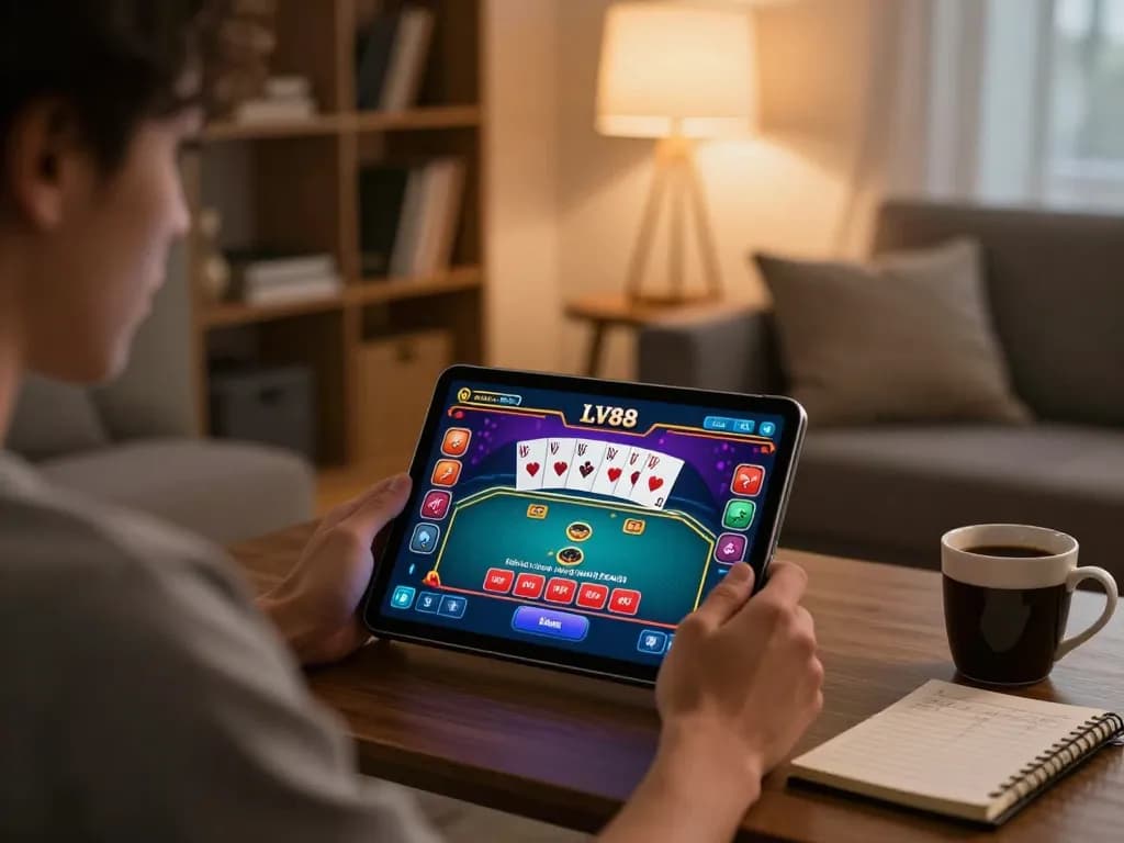 Engaging in LV88 online poker gameplay on a tablet, showcasing strategy and excitement.