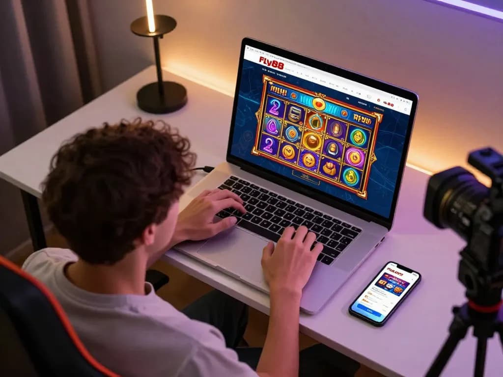 Engaged player enjoying slot games on fly88 com, showcasing a modern online gaming setup.