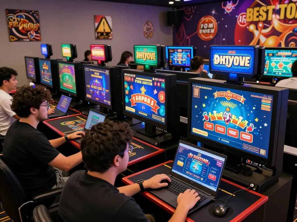 Players engaging with 8KBET online games in a lively casino environment full of vibrant graphics.